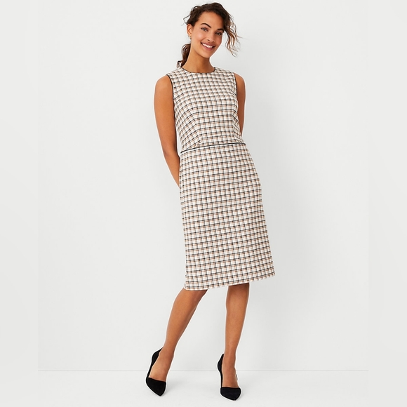 Ann Taylor Plaid Faux Leather Trim Sheath Dress - Picture 1 of 7